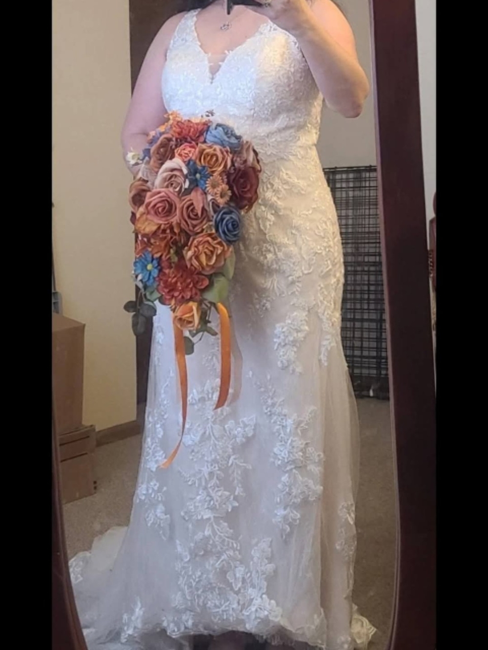 White Beaded Lace V-Neck Wedding Gown